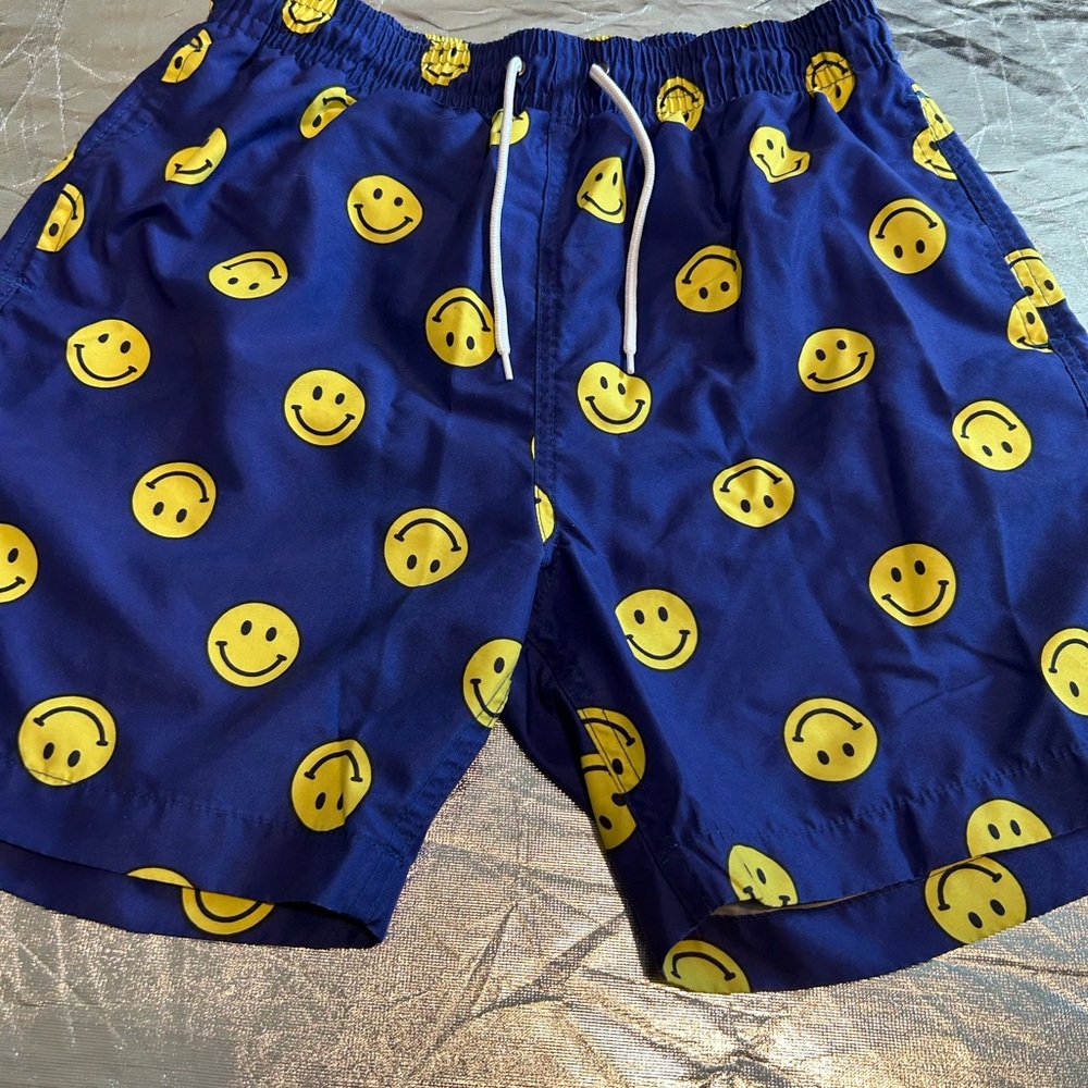 Vibrant Blue and Yellow Smiley Swim Trunks